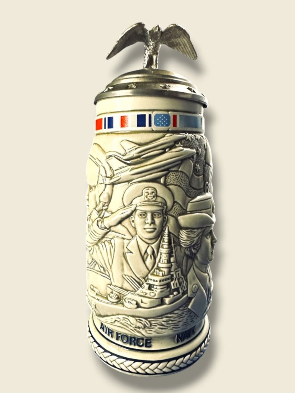 Tribute To The American Armed Forces Stein With Eagle Lid By Avon Orignal Paperw